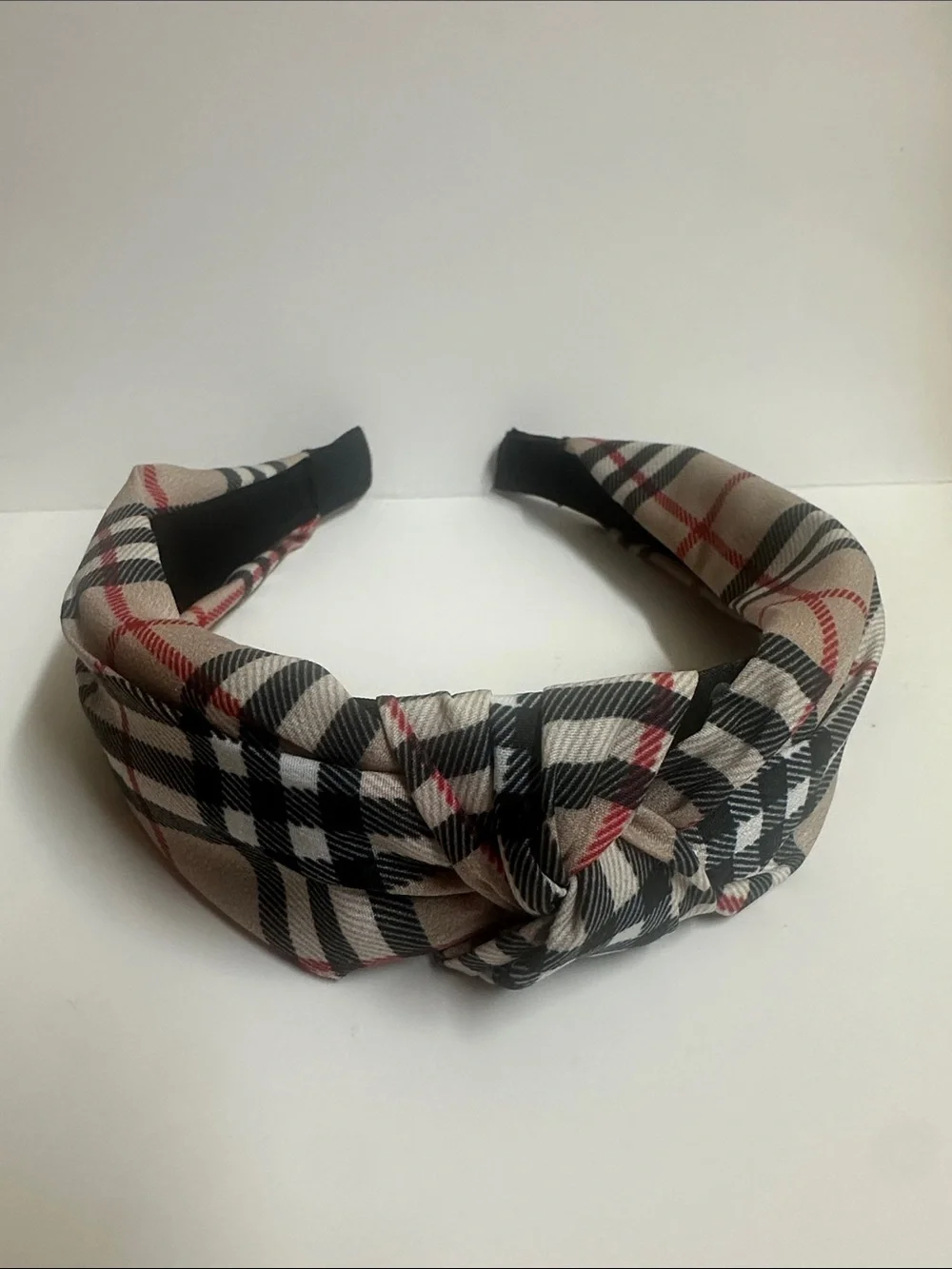 Plaid Knot Headband - Black, Cream & Red